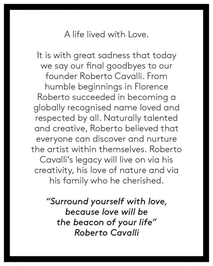 mesajul familiei lui Roberto Cavalli
