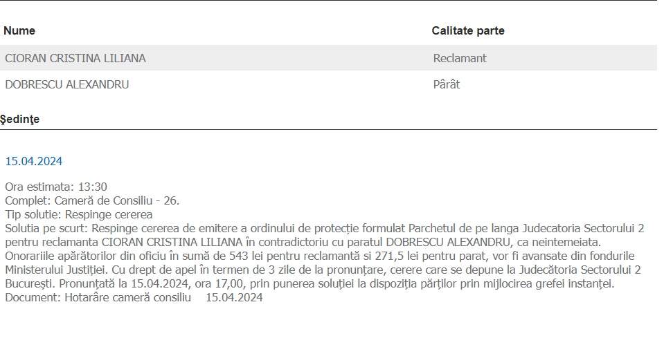 Ordinul de protecție împotriva lui Alex Dobrescu nu a fost prelungit. Cristina Cioran se teme pentru siguranța ei și a fiicei sale