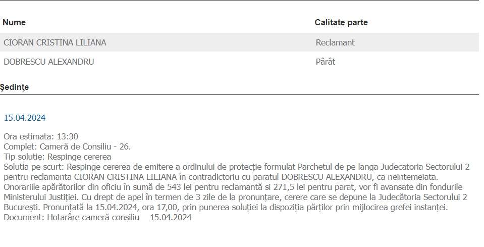 Ordinul de protecție împotriva lui Alex Dobrescu nu a fost prelungit. Cristina Cioran se teme pentru siguranța ei și a fiicei sale