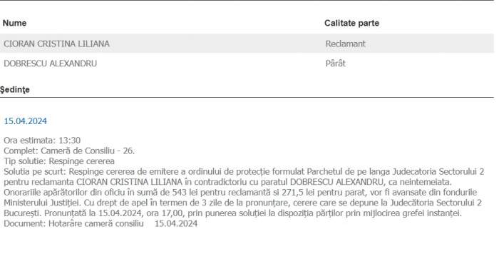 Ordinul de protecție împotriva lui Alex Dobrescu nu a fost prelungit. Cristina Cioran se teme pentru siguranța ei și a fiicei sale