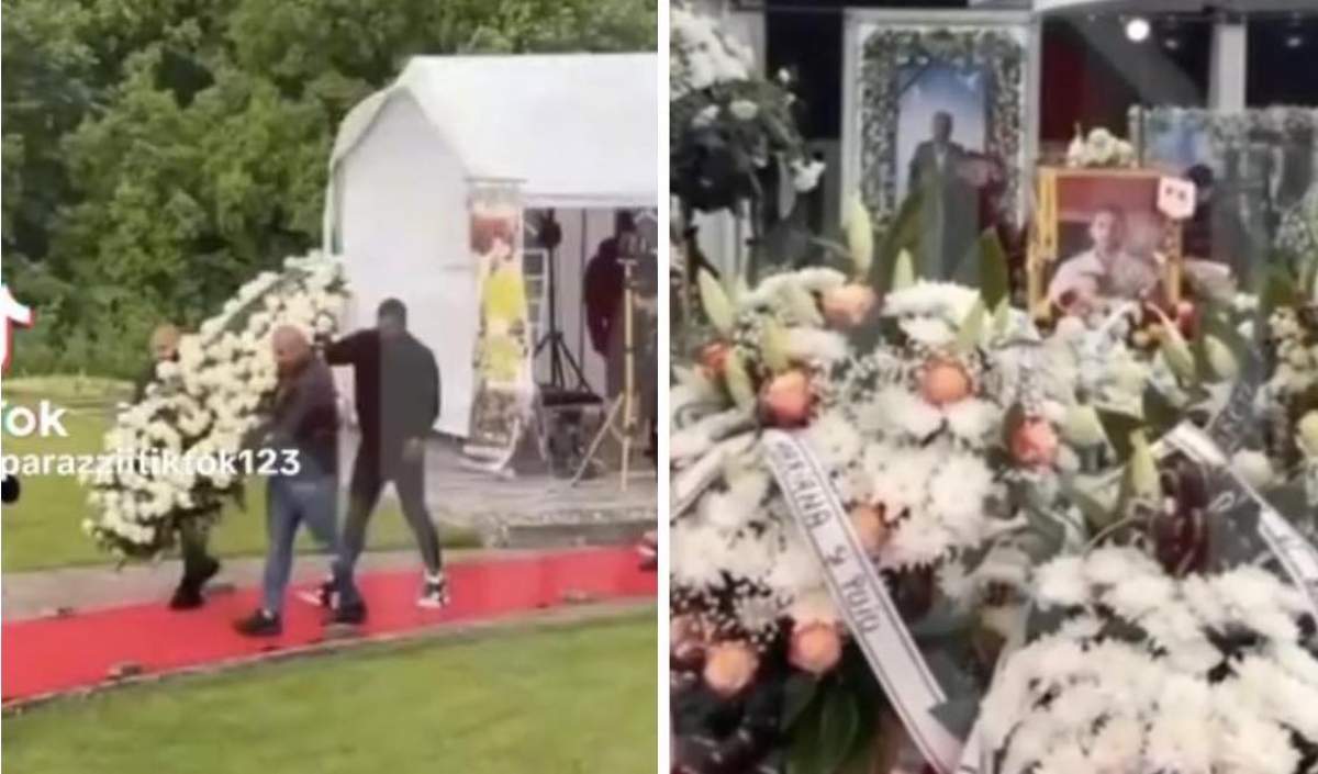 Colaj cu Dan Bursuc la priveghiul lui Costel Corduneanu, cu coroane cu flori, pe un covor roșu Colaj cu Dan Bursuc la priveghiul lui Costel Corduneanu