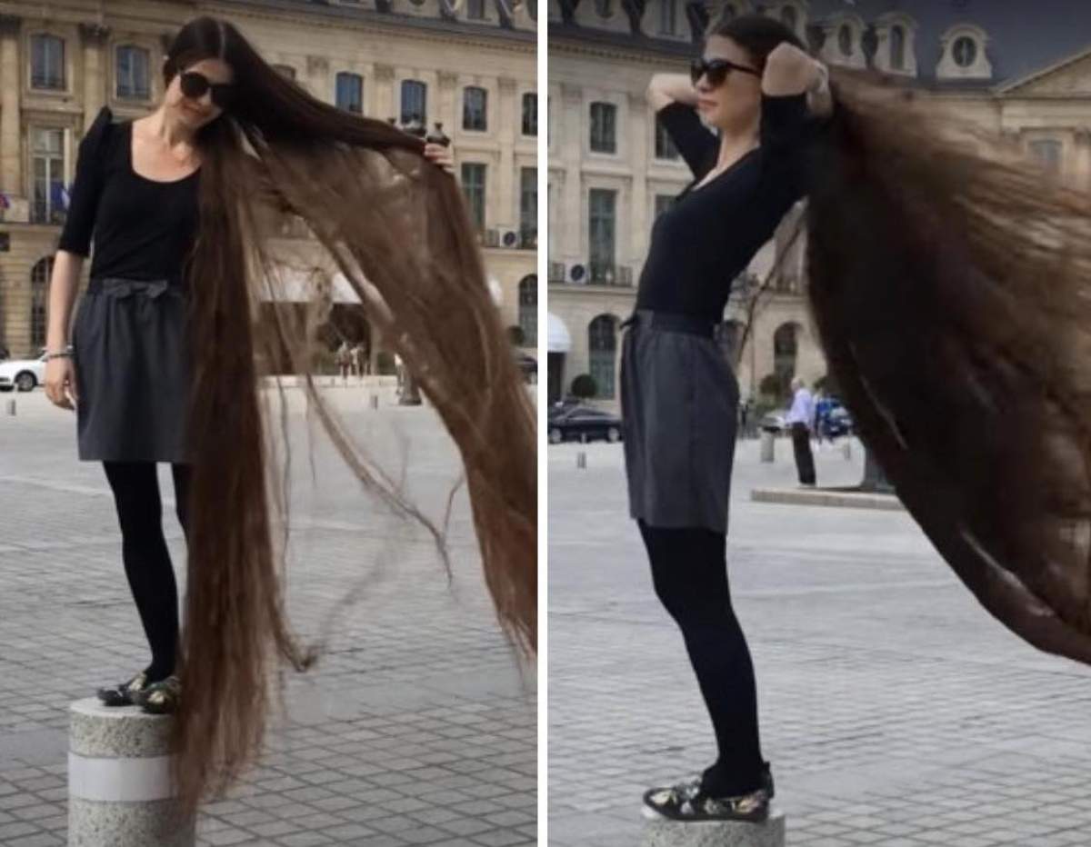 Colaj cu Alia Nasirova, femeia cu cel mai lung păr din lume, afară, cu o clădire în spate Colaj cu Alia Nasirova, femeia cu cel mai lung păr din lume