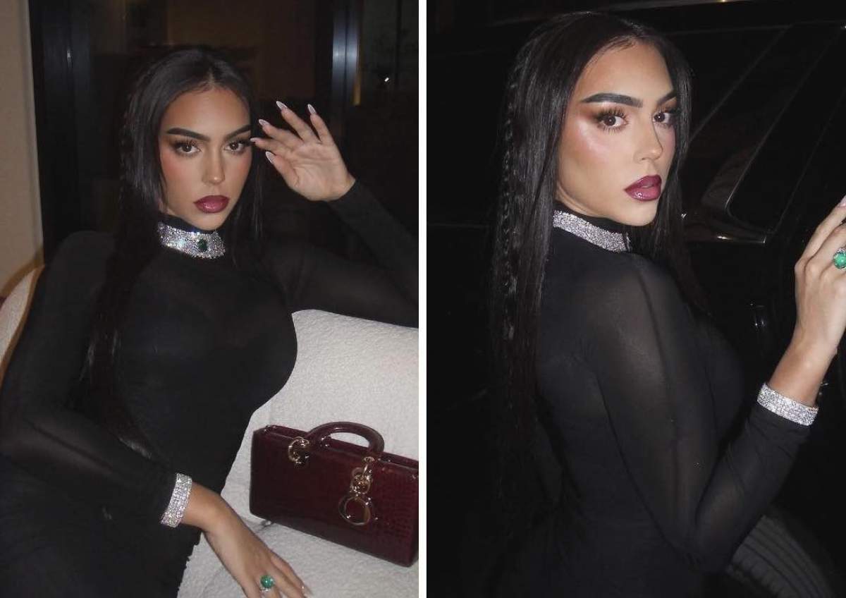 Colaj Iubita lui Cristiano Ronaldo îmbrăcată în negru și un inel cu piatră verde Colaj Iubita lui Cristiano Ronaldo îmbrăcată în negru