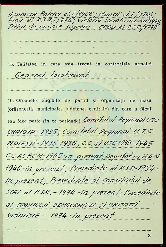 Cartea de evidență personală a fostului președinte Nicolae Ceaușescu