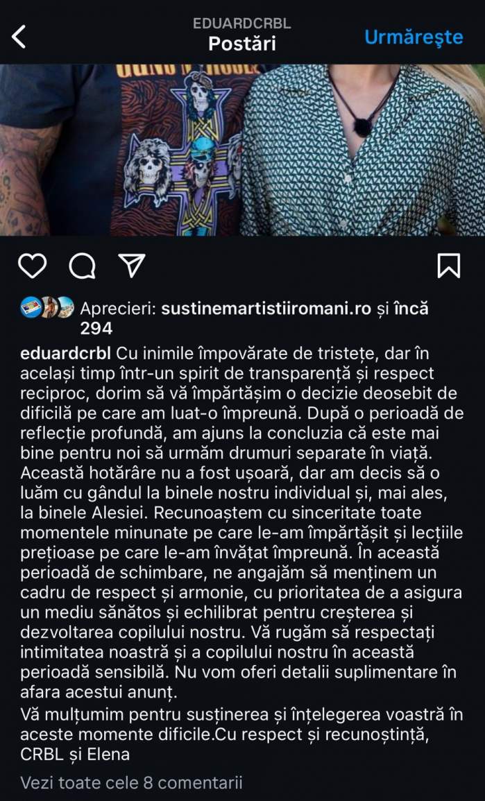 Mesajul postat de CRBL pe contul său personal de Instagram