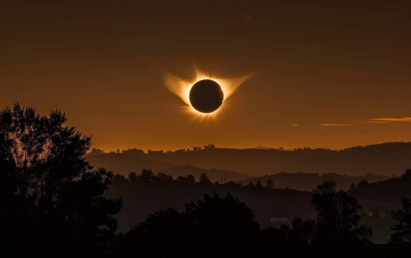 Eclipsă solară care aruncă o lumină senină asupra unui oraș liniștit la amurg