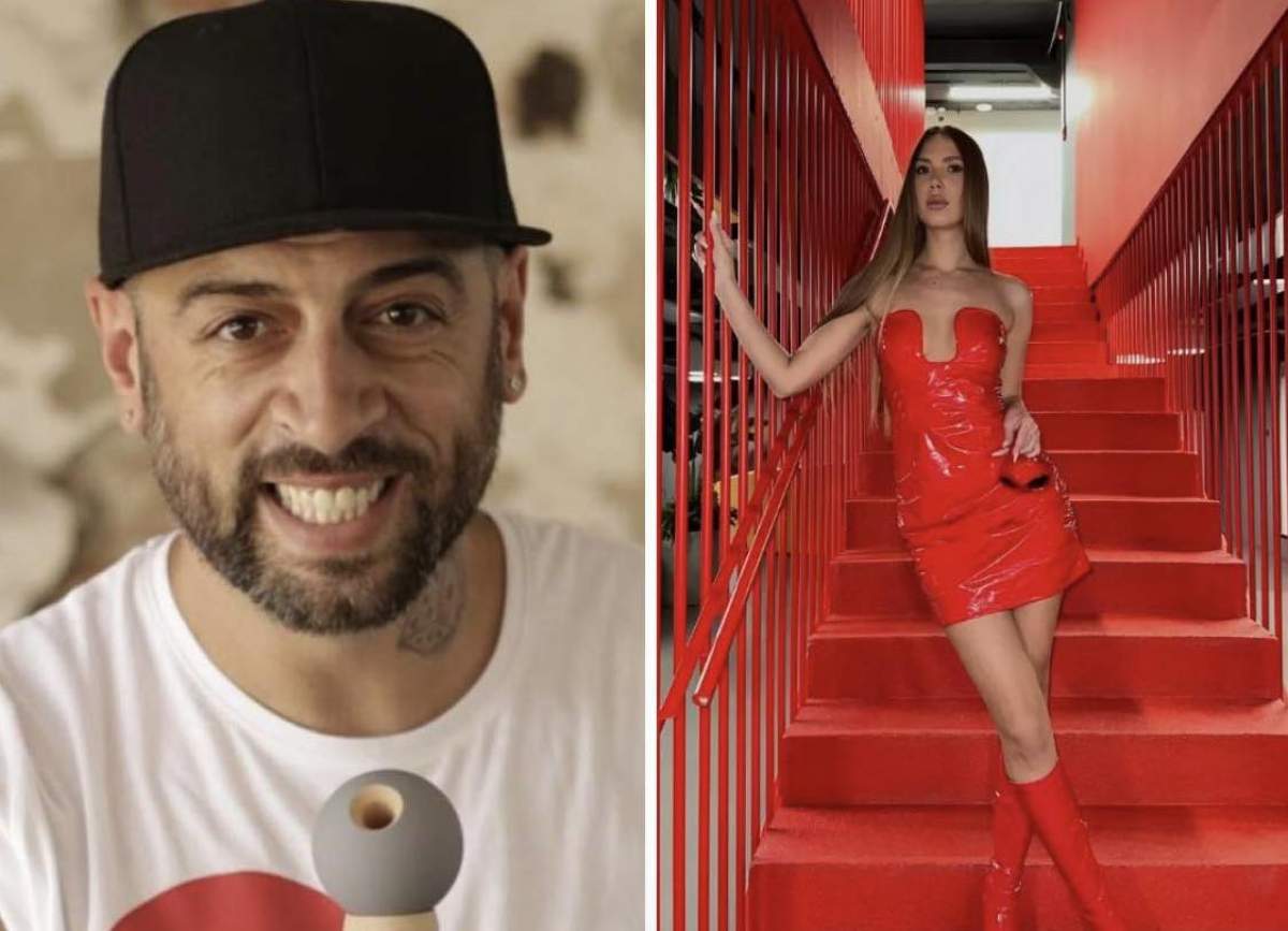 Colaj cu Olga Guțanu, iubita lui CRBL, într-o rochie roșie și artistul Colaj cu Olga Guțanu, iubita lui CRBL, și artistul