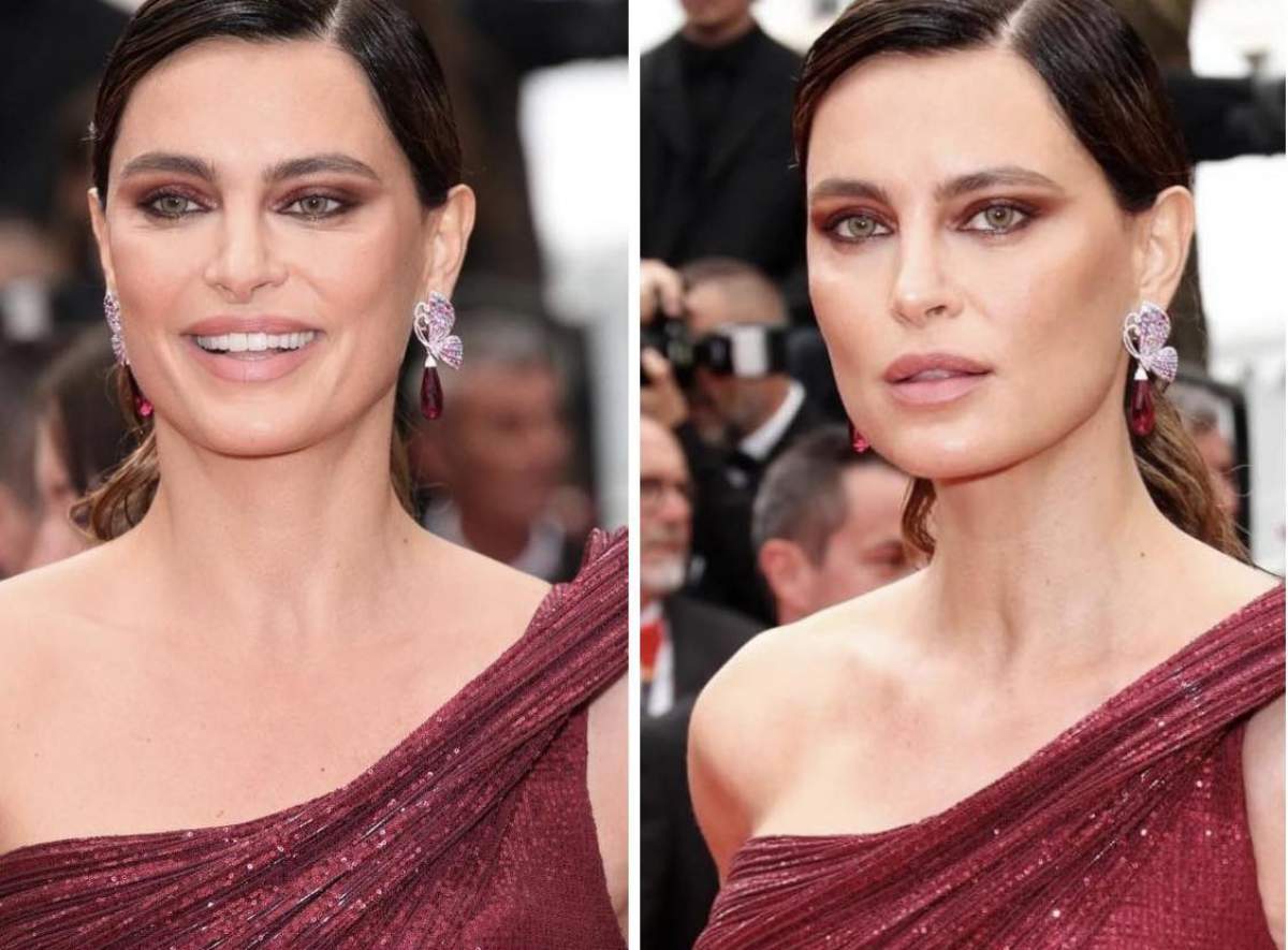 Colaj cu Catrinel Menghia pe covorul roșu de la Cannes într-o rochie vișinie Colaj cu Catrinel Menghia pe covorul roșu de la Cannes