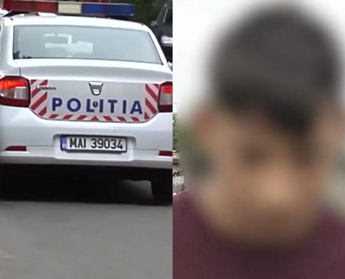 colaj din doua poze masina de politie si adolescent agresiv