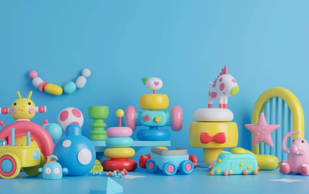 O gamă vibrantă de jucării pentru copii pe un fundal albastru moale, care evidențiază forme, culori și diverse modele jucăușe.