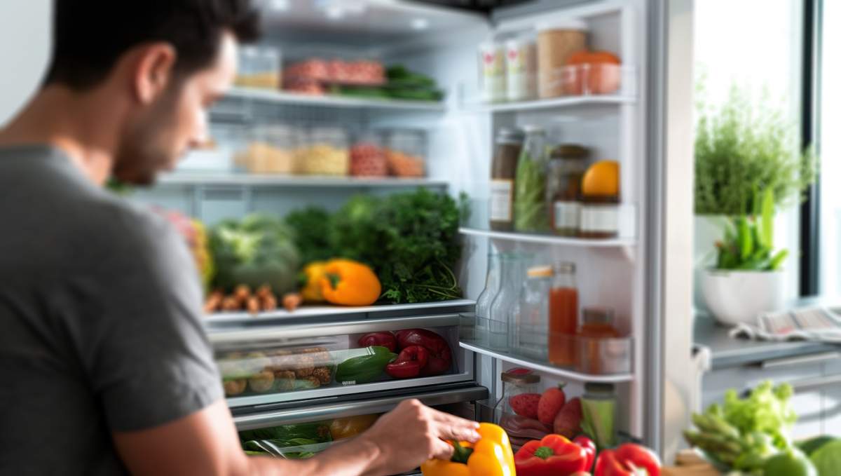 Bărbat care selectează legume proaspete dintr-un frigider complet aprovizionat