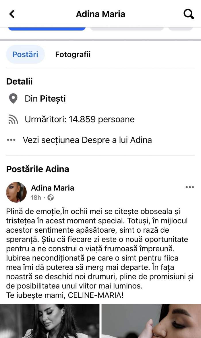 Captură de ecran cu mesajul postat de  Adina Maria