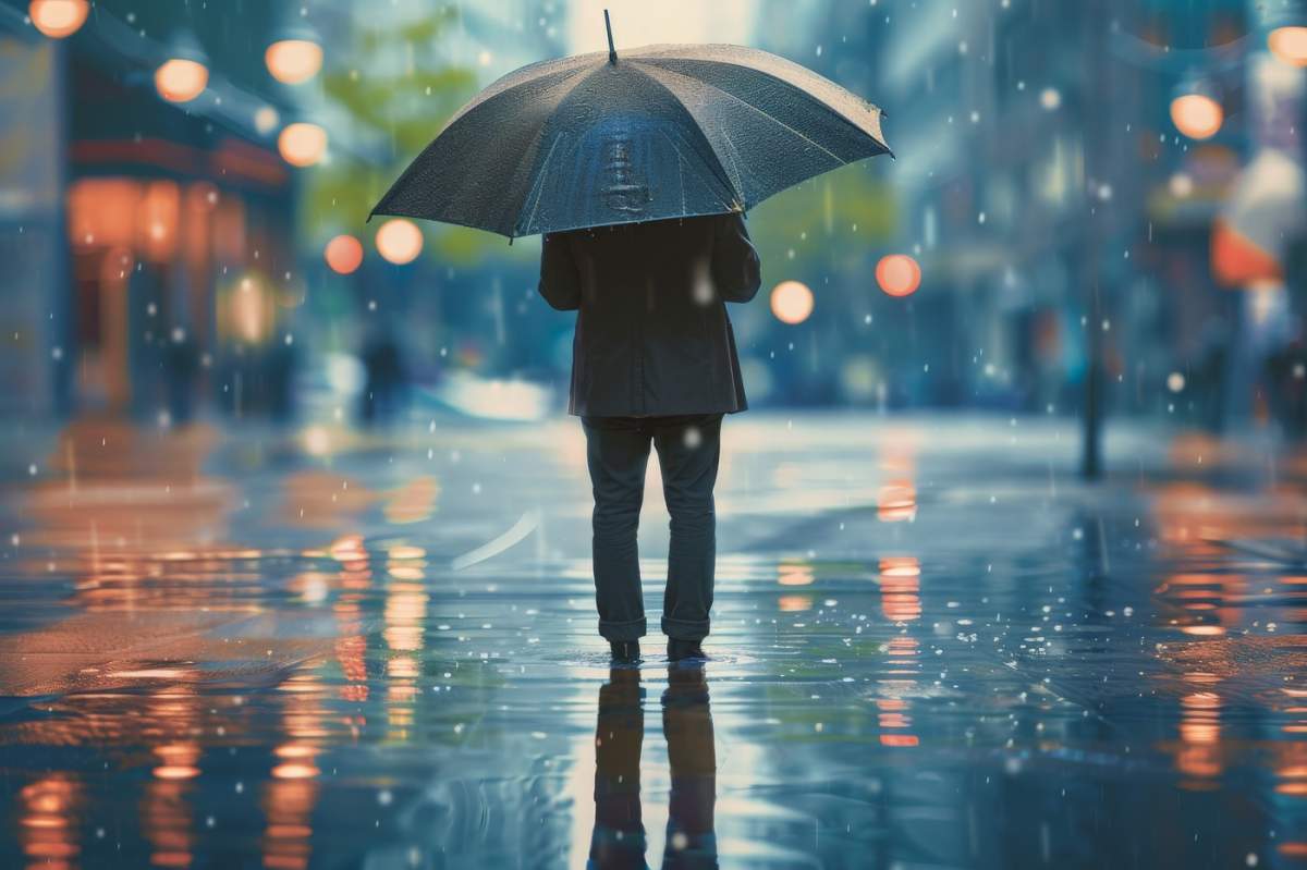 Un bărbat care stă în ploaie și ține o umbrelă pentru a se proteja de ploaia torențială.