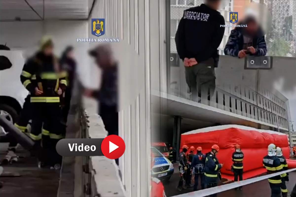 Un bărbat a amenințat că se aruncă de la etajul unei parcări din București. A fost săltat de polițiști și transportat la o unitate medicală / VIDEO