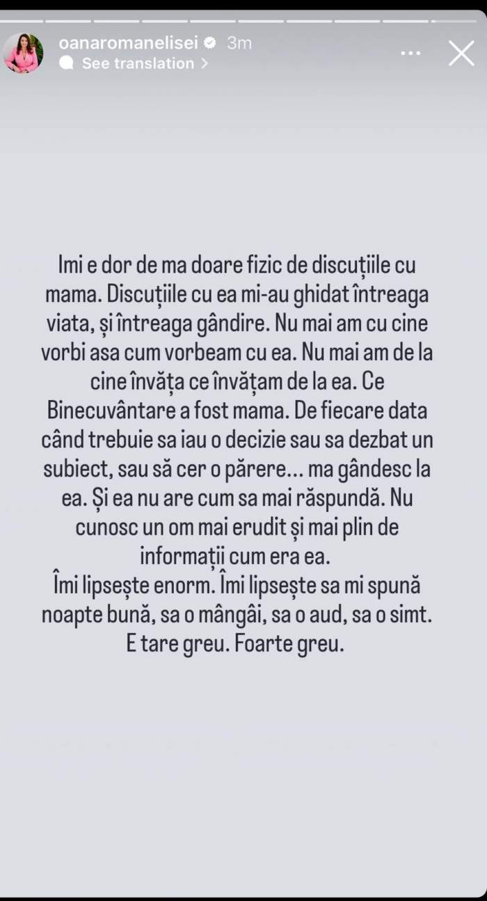 Oana Roman, declarații emoționante despre Mioara Roman, la aproape patru luni de când și-a pierdut mama: „Îmi lipsește enorm”. Vedeta trece prin momente dificile