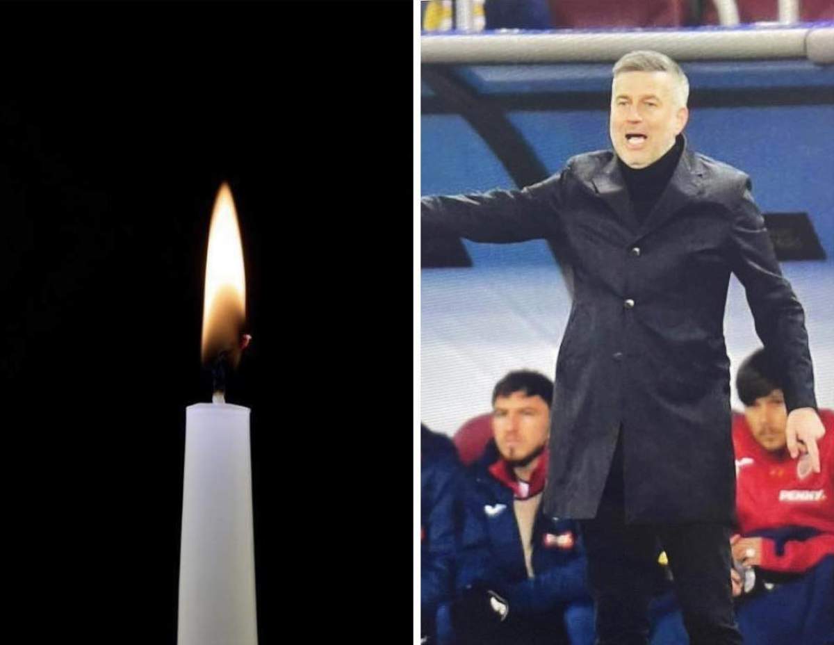 Colaj cu Edi Iordănescu și o lumânare albă pe un fundal negru Colaj cu Edi Iordănescu și o lumânare