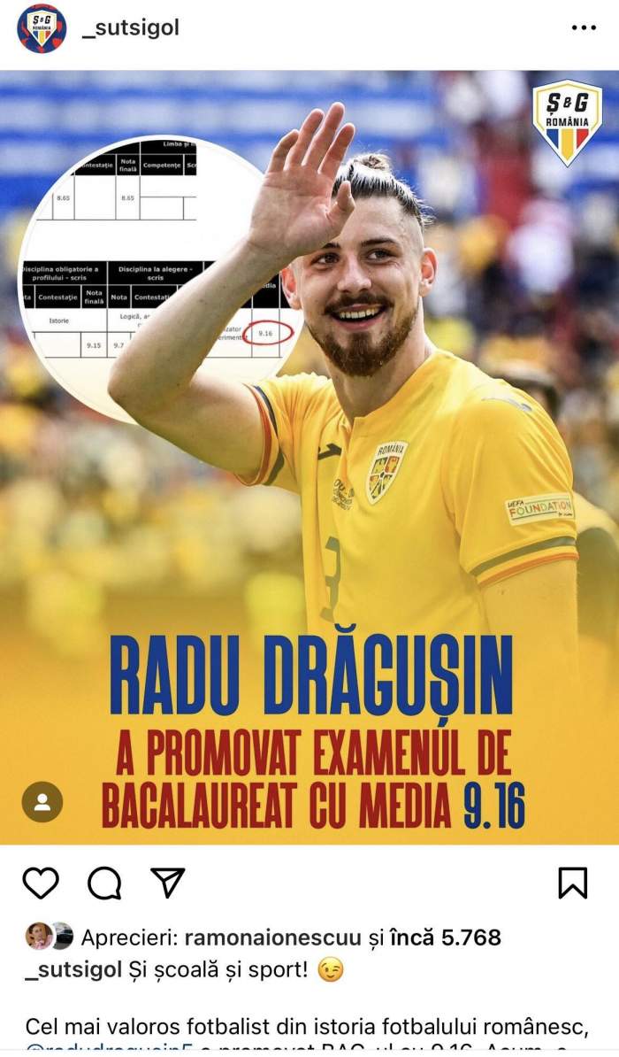 Ce notă impresionantă a obținut Radu Drăgușin la examenul de Bacalaureat. Fotbalistul este un exemplu: „Cel mai valoros”
