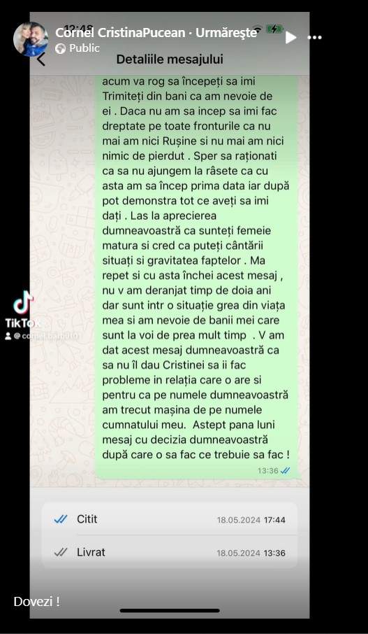 Fostul iubit al Cristinei Pucean a ieșit, din nou, la „atac”! Cornel a venit cu dovezi împotriva dansatoarei și a familiei ei. A publicat și noi conversații dintre el și mama blondinei