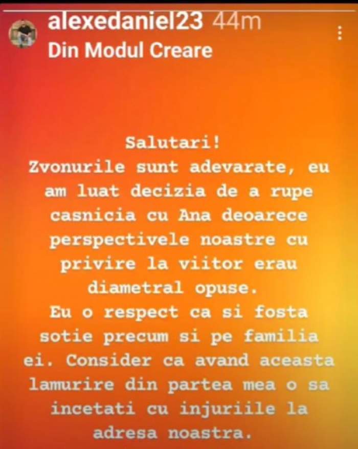 Ana și Daniel de la Mireasa, sezonul 8, s-au despărțit. Fostul concurent a confirmat separarea. Motivul pentru care el a decis să pună punct relației