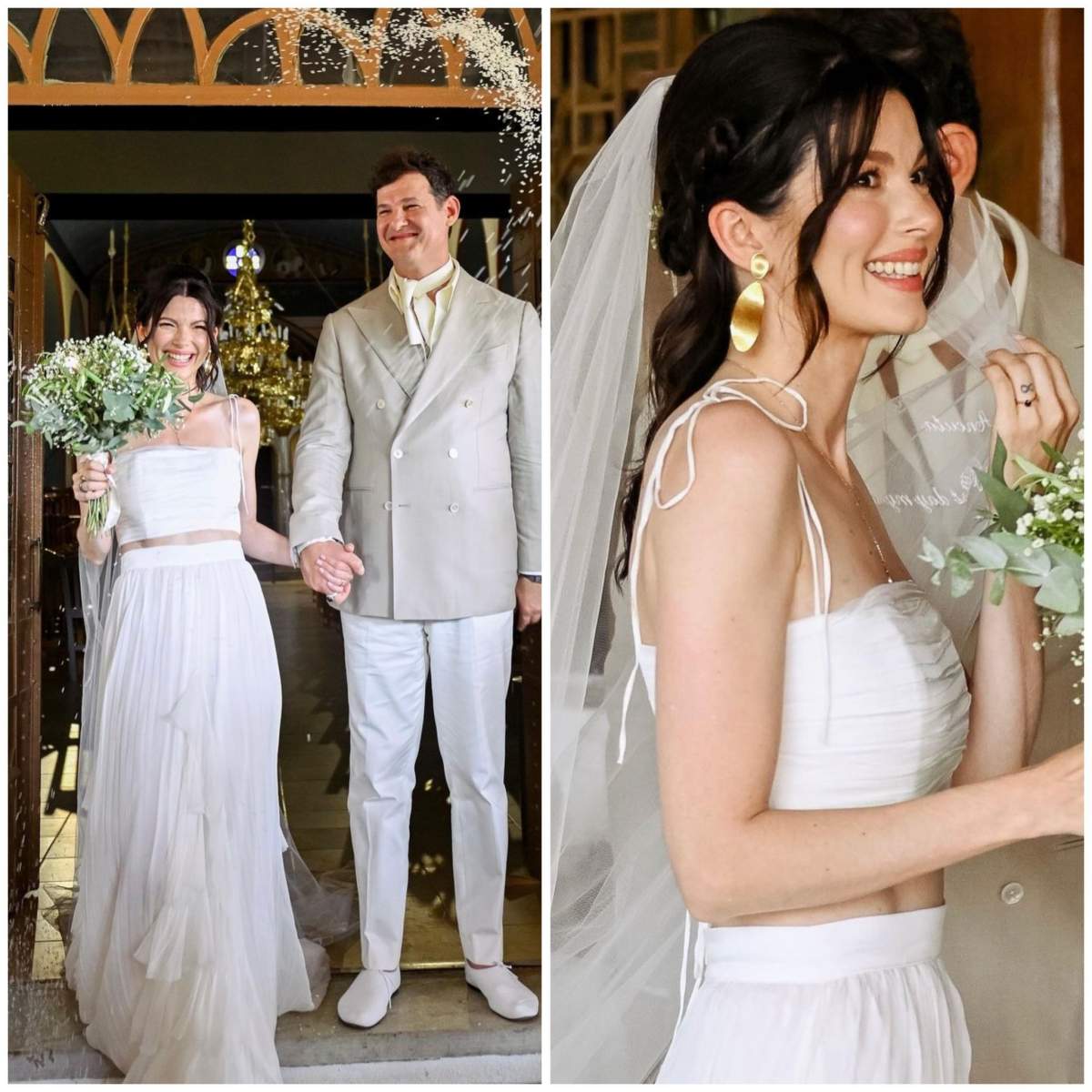 Colaj de la nunta Ancăi Lungu cu Harry Arampatzis, ea în rochie de mireasă, el în costum de mire Colaj de la nunta Ancăi Lungu cu Harry Arampatzis