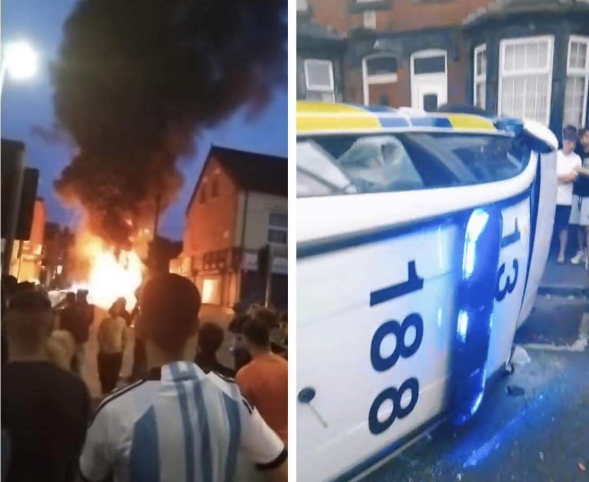 Colaj cu focul din mijlocul străzii și o mașină de poliție răsturnată, cu sirenele deschise Colaj cu focul din mijlocul străzii și o mașină de poliție