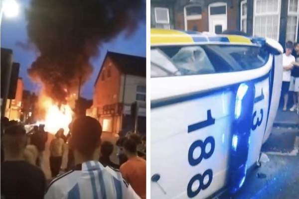 Românii s-au bătut crunt cu polițiștii din Leeds! Au răsturnat și incendiat mașini: „Să vină mascații de la București” | FOTO