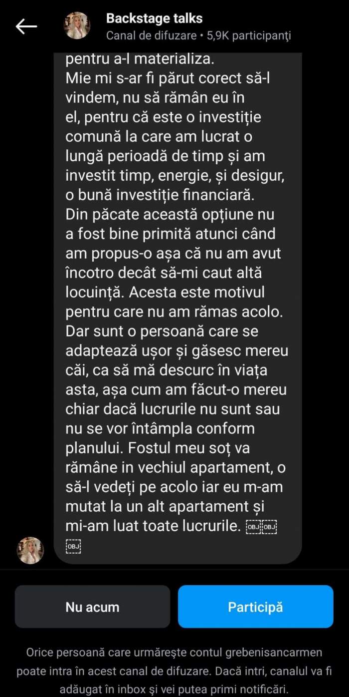 „N-am avut încotro”. Cum ar fi reacționat încă soțul lui Carmen Grebenișan când ea i-a propus să vândă apartamentul. Noi detalii despre separarea lor