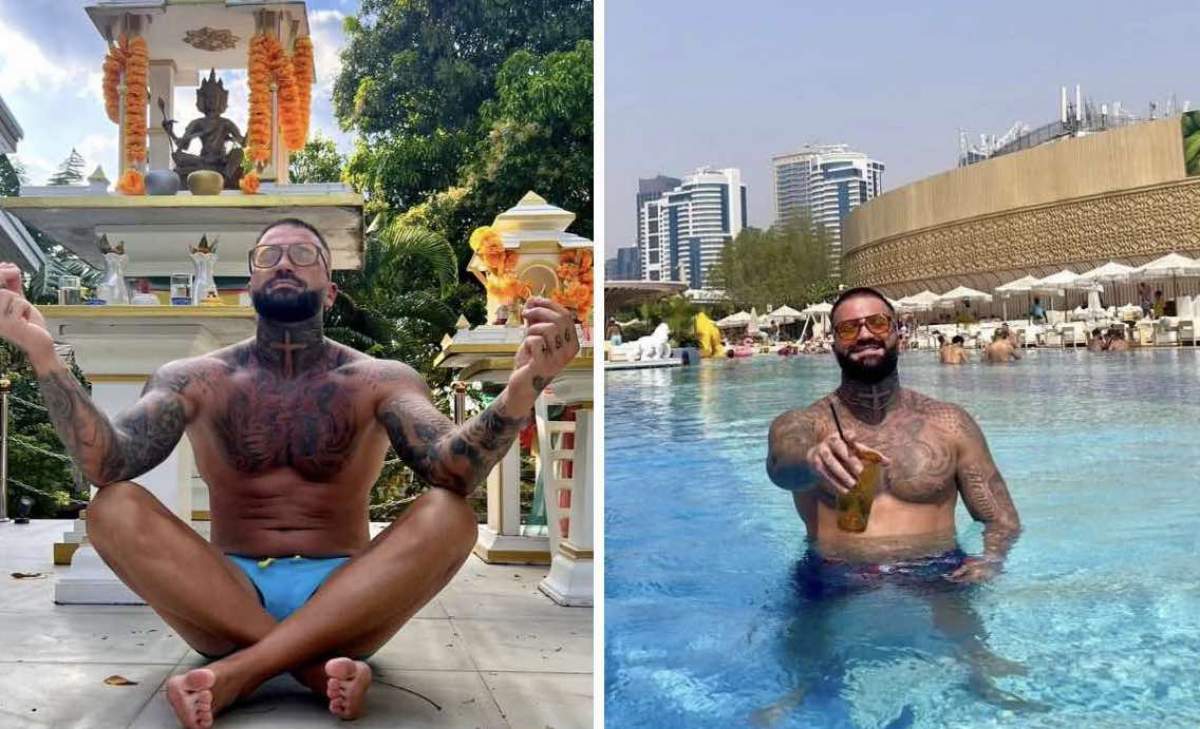 Colaj cu Marcel Andrei de la Insula Iubirii în poziție de meditație și în piscină Colaj cu Marcel Andrei de la Insula Iubirii