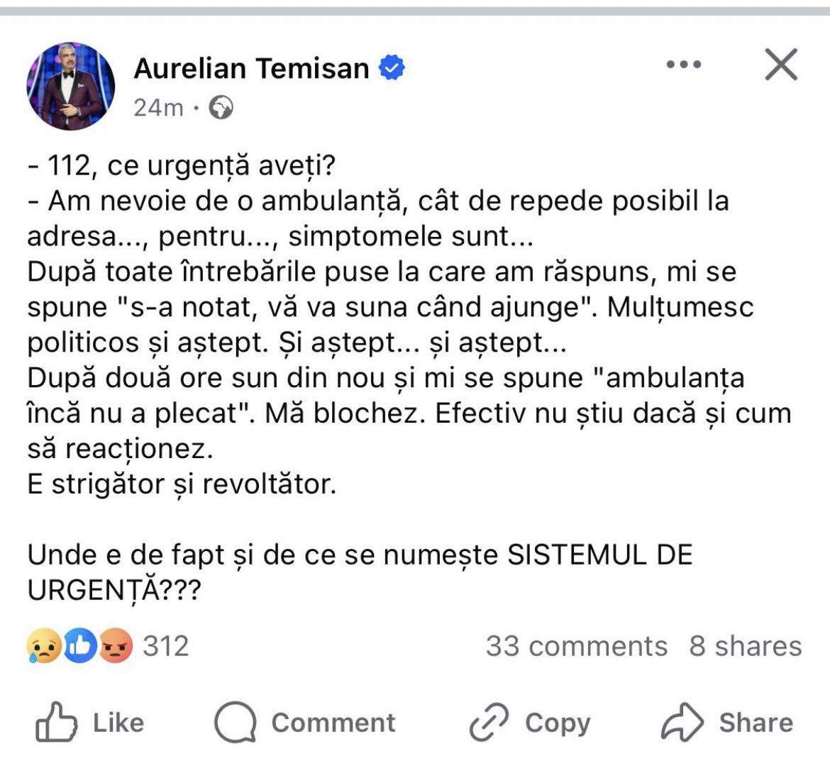 Clipe tensionate pentru Aurelian Temișan! Artistul a sunat de urgență la 112: „Am nevoie de o ambulanță...”