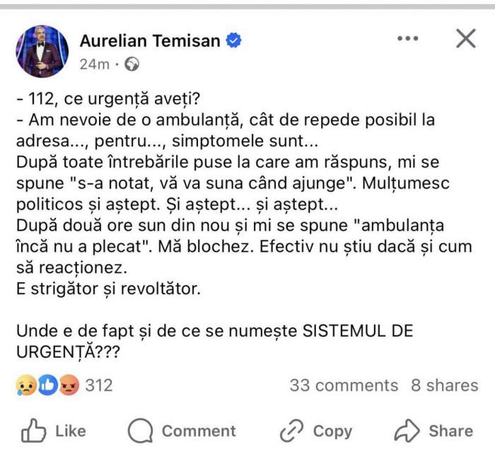 Clipe tensionate pentru Aurelian Temișan! Artistul a sunat de urgență la 112: „Am nevoie de o ambulanță...”