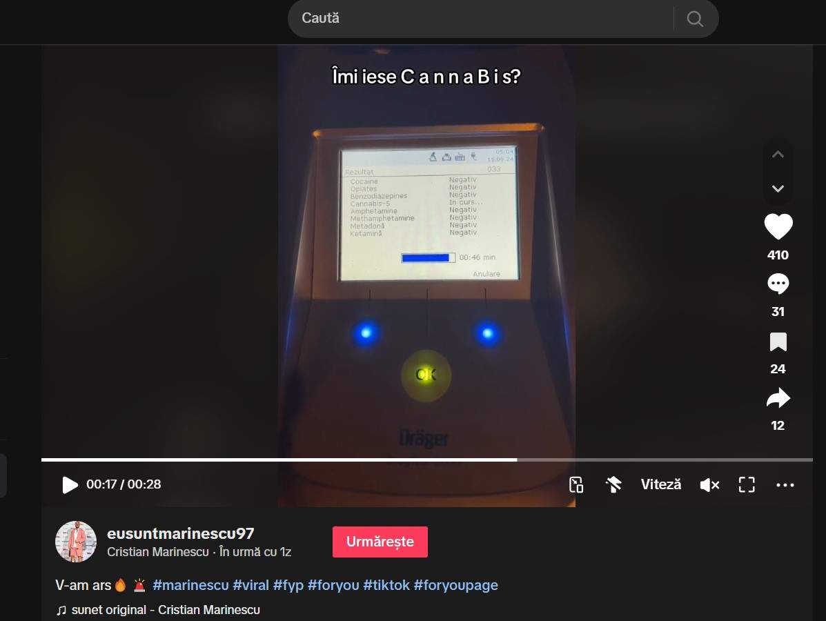 Cristian Marinescu, oprit de poliție și testat pentru droguri, după o noapte în club. A postat rezultatul testului pe TikTok / FOTO