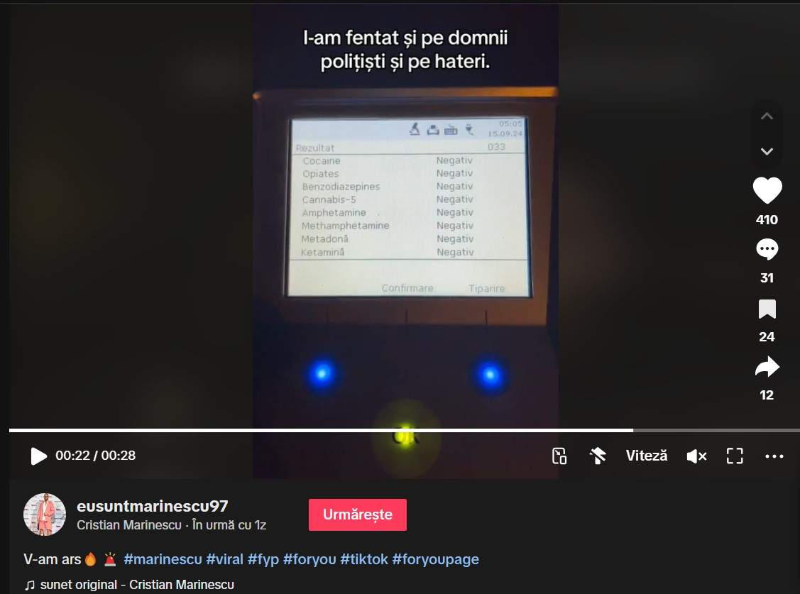 Cristian Marinescu, oprit de poliție și testat pentru droguri, după o noapte în club. A postat rezultatul testului pe TikTok / FOTO