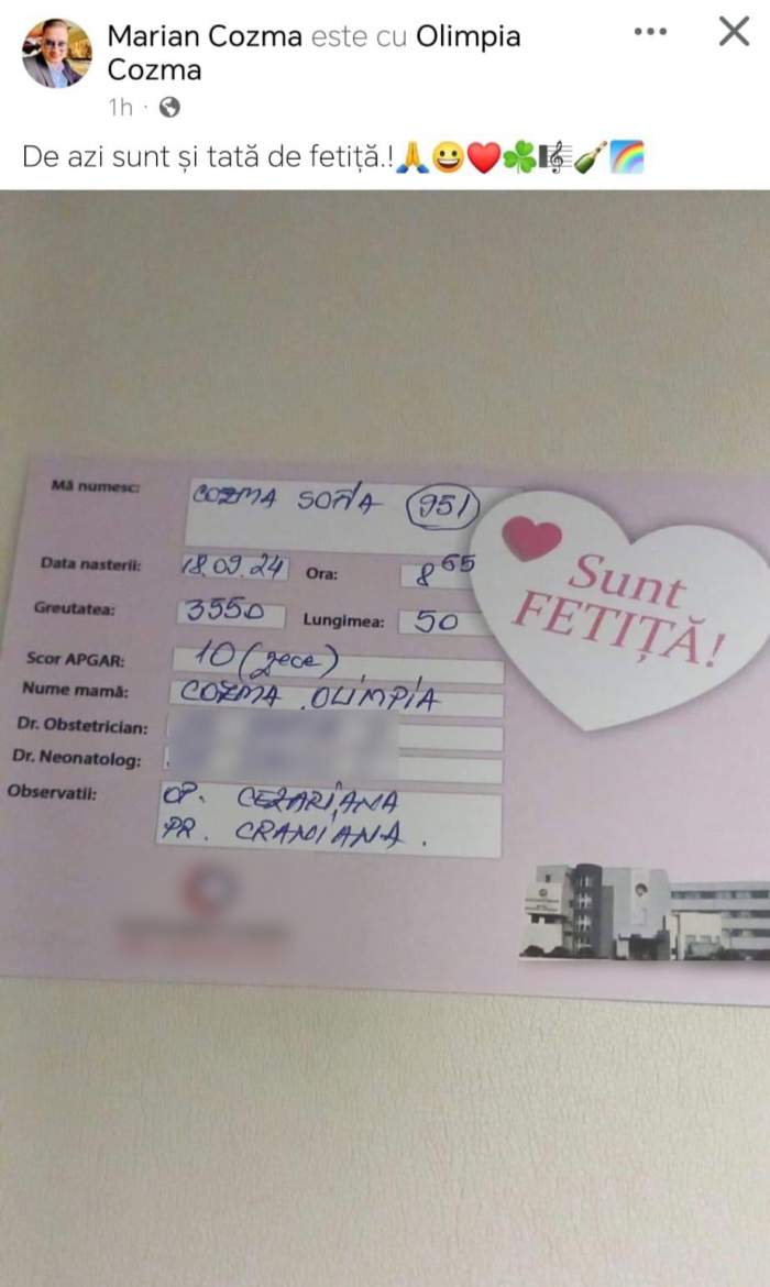 Bucurie mare în familia lui Marian Cozma! Soția lui, Olimpia, a născut. Ce nume au ales pentru fetița lor