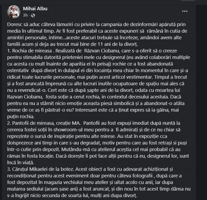 Mihai Albu, replică pentru fosta soție, după ce l-a acuzat că i-a aruncat rochia de mireasă. Ce s-ar fi întâmplat și cu celelalte lucruri de valoare