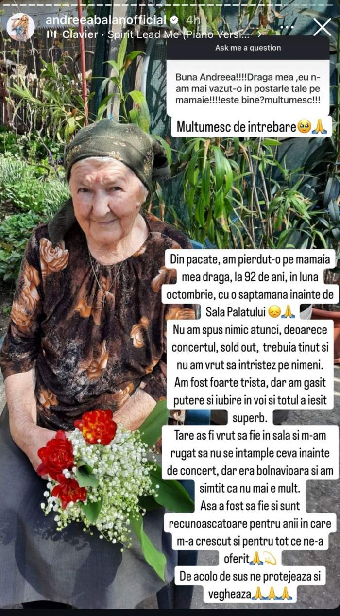 Andreea Bălan și-a pierdut bunica! Când a murit cea care a crescut-o pe artistă: „M-am rugat să nu se întâmple ceva”