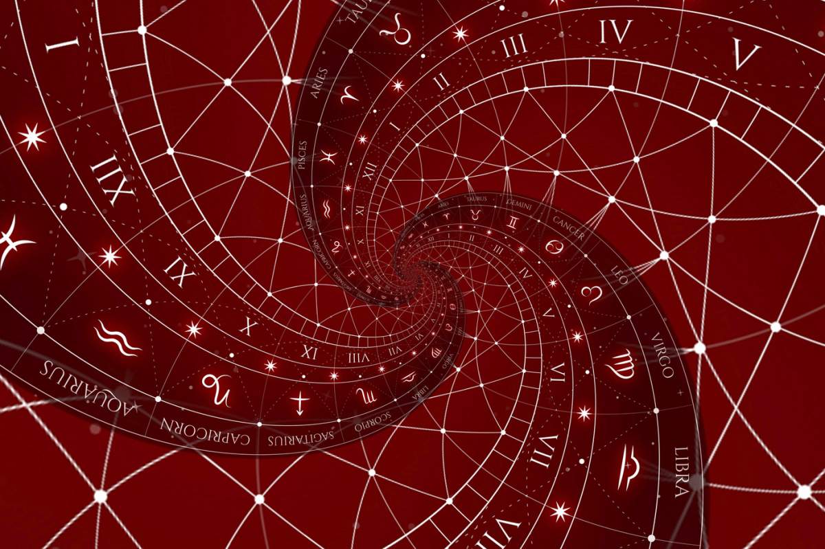 Zodiac Signs Horoscop fundal. Concept pentru fantezie și mister, roșu