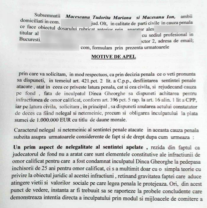 Părinții Alexandrei Măceșanu au cerut un milion de euro și eliberarea criminalului Gheorghe Dincă! Documente exclusive din „Dosarul Caracal”