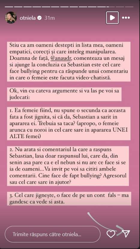 Ca o tigroaică! Otniela Sandu i-a luat din nou apărarea lui Sebastian Dobrincu! Ce replică le-a dat celor care i-au acuzat iubitul de bullying