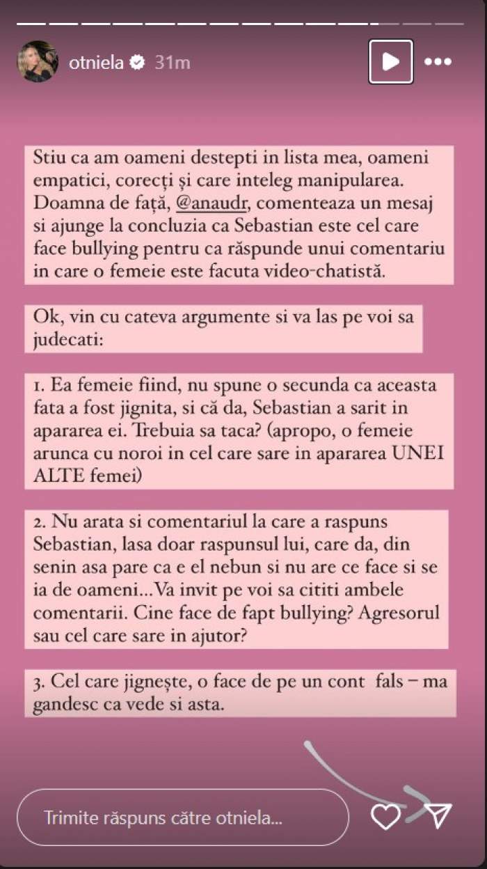 Ca o tigroaică! Otniela Sandu i-a luat din nou apărarea lui Sebastian Dobrincu! Ce replică le-a dat celor care i-au acuzat iubitul de bullying