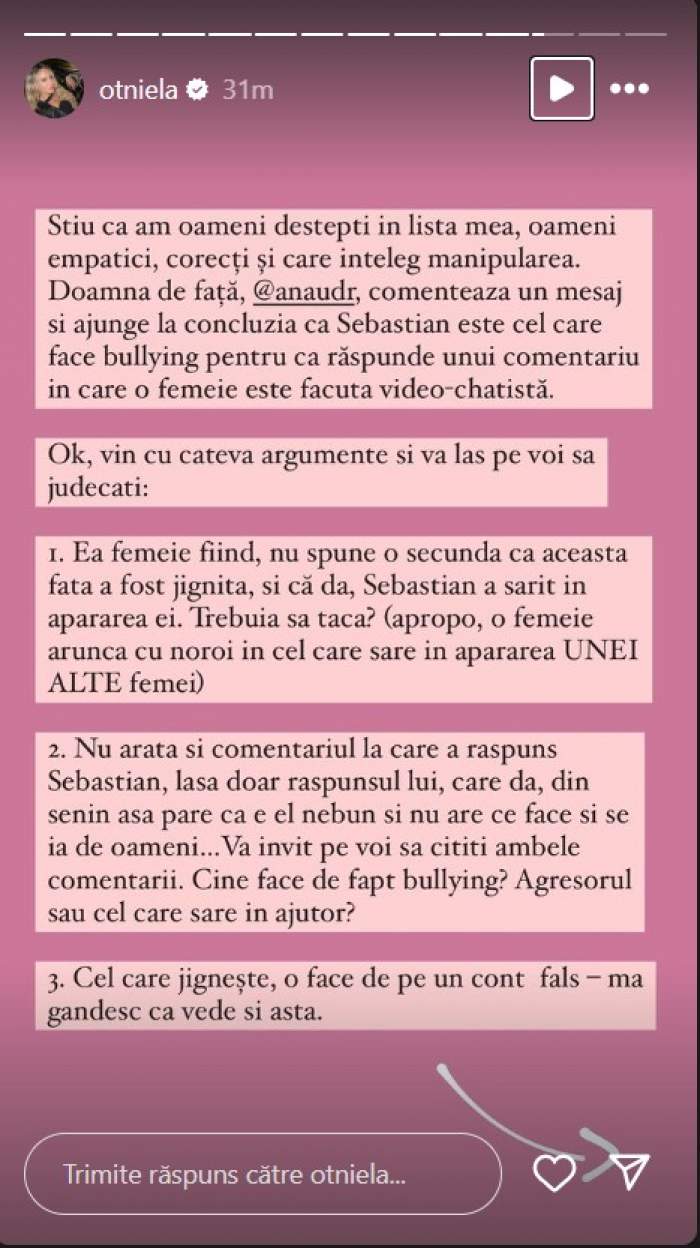 Ca o tigroaică! Otniela Sandu i-a luat din nou apărarea lui Sebastian Dobrincu! Ce replică le-a dat celor care i-au acuzat iubitul de bullying