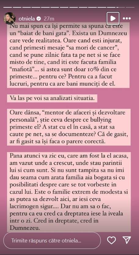 Ca o tigroaică! Otniela Sandu i-a luat din nou apărarea lui Sebastian Dobrincu! Ce replică le-a dat celor care i-au acuzat iubitul de bullying