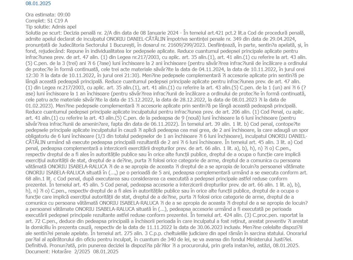 Daniel Onoriu a fost condamnat definitiv la închisoare cu executare: 2 ani și 6 luni. Fosta avocată, declarații șocante