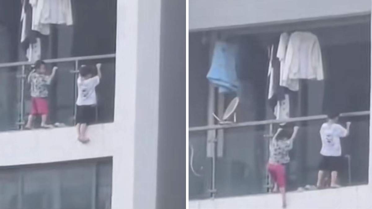 Momente terifiante într-un apartament! Doi copii, filmați în timp ce au pășit în afara balconului | VIDEO