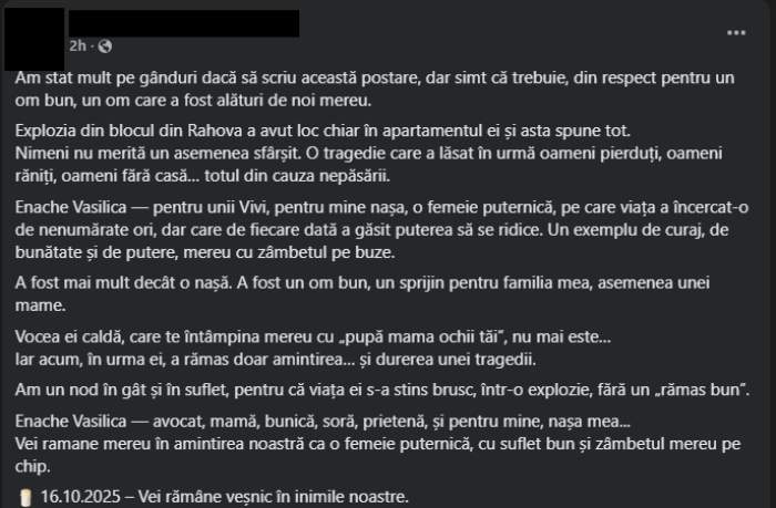 avocata decedata in explozie bloc rahova