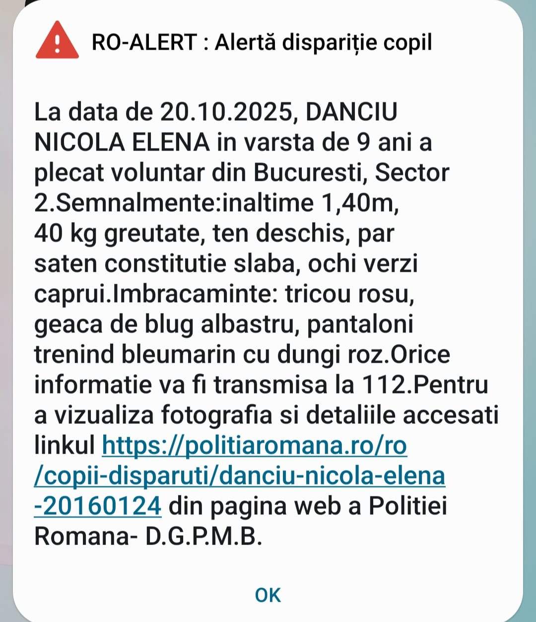 Dacă ai văzut-o, sună la 112! Nicola Elena, o fată în vârstă 9 ani, a dispărut fără urmă. Este căutată de oamenii legii