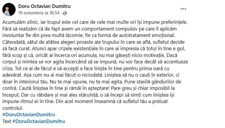 Ce mesaj ciudat a transmis Doru Octavian Dumitru cu două zile înainte să ajungă la spital. Actorul și-a anulat spectacolul din această seară