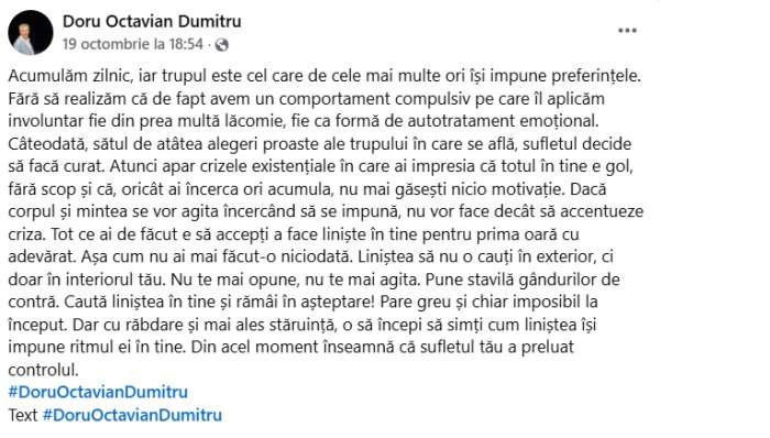 Ce mesaj ciudat a transmis Doru Octavian Dumitru cu două zile înainte să ajungă la spital. Actorul și-a anulat spectacolul din această seară