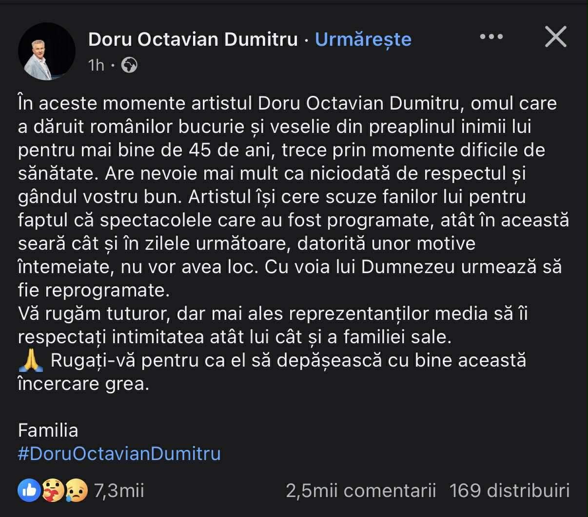 Familia lui Doru Octavian Dumitru, primele declarații după ce comediantul a ajuns de urgență la spital. Care e starea lui de sănătate: "Rugați-vă"
