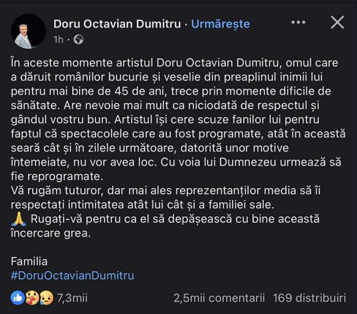Familia lui Doru Octavian Dumitru, primele declarații după ce comediantul a ajuns de urgență la spital. Care e starea lui de sănătate: "Rugați-vă"