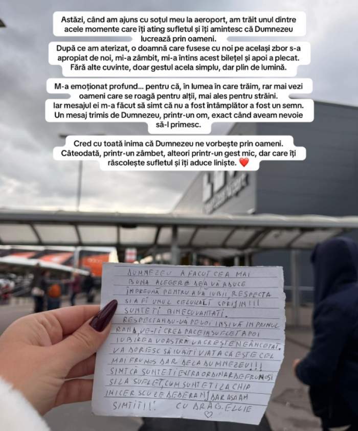 Ce bilet a primit Andra Voloș în avion, de la o doamnă. Ce scria în el a lăsat-o fără cuvinte: "M-a emoționat profund..."